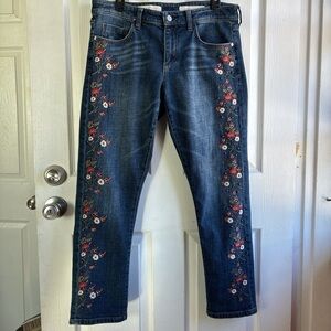 Anthropologie Blue Boyfriend Jeans with Floral Embroidery